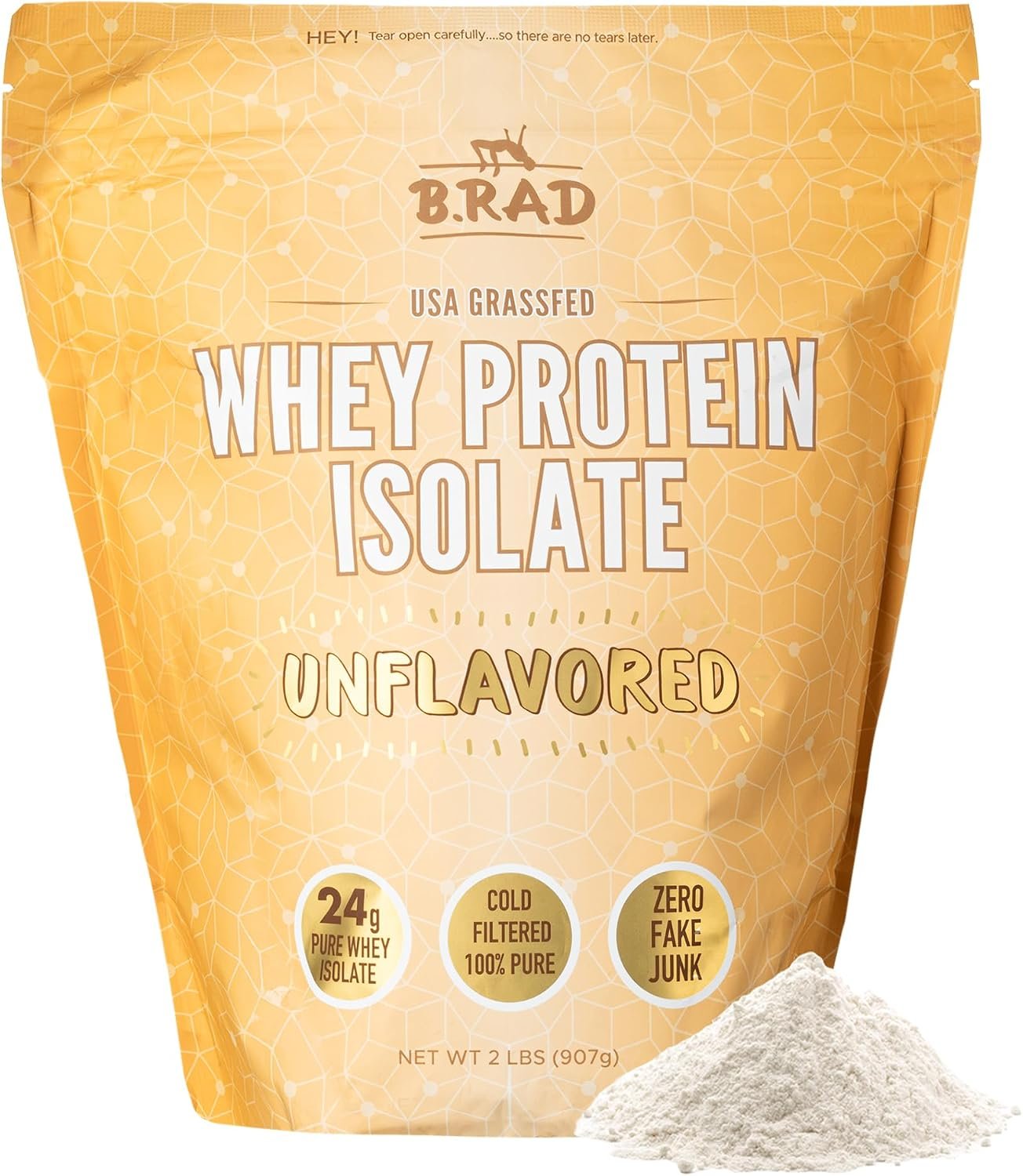 B.rad Grass-Fed Whey Protein Isolate Powder | 100% USA Sourced | 95% Purity, Cold Processed, Non-GMO, Gluten Free, Soy Free | 2 lb, 36 Servings | Third Party Tested | Unflavored