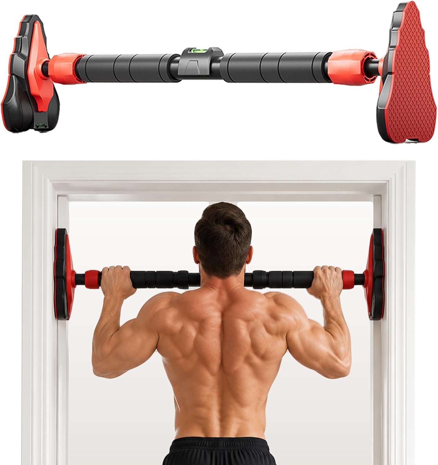 Doorway Pull Up Bar, Adjustable No Screws Hang Bar with Level Meter and Double Safety Lock, No Drill Chin Up Bar for Door Frame, Portable Strength Training Pull-up Bars for Home Gym