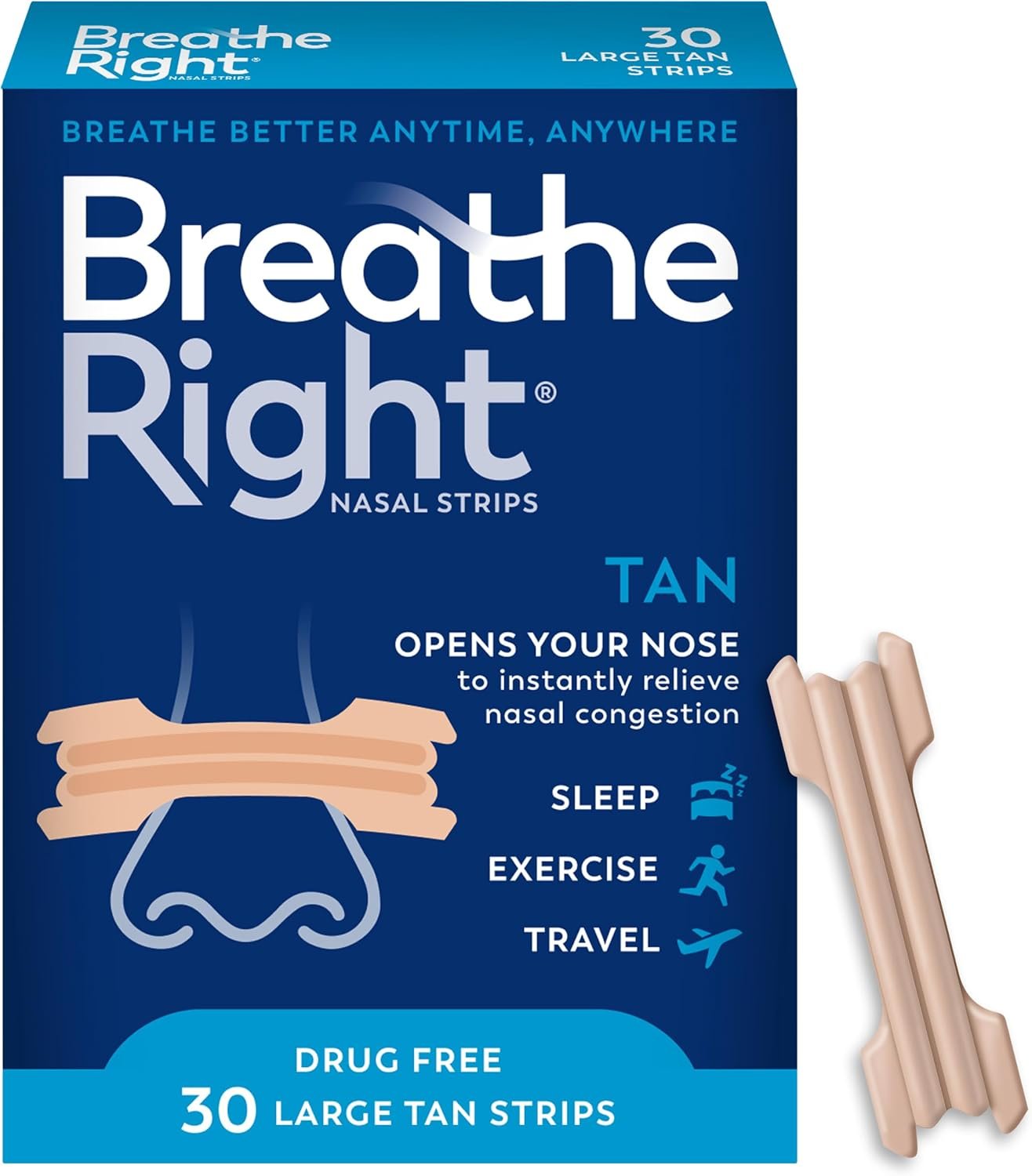 Breathe Right Nasal Strips, Large, Relieves Nasal Congestion, Tan, 30 ct