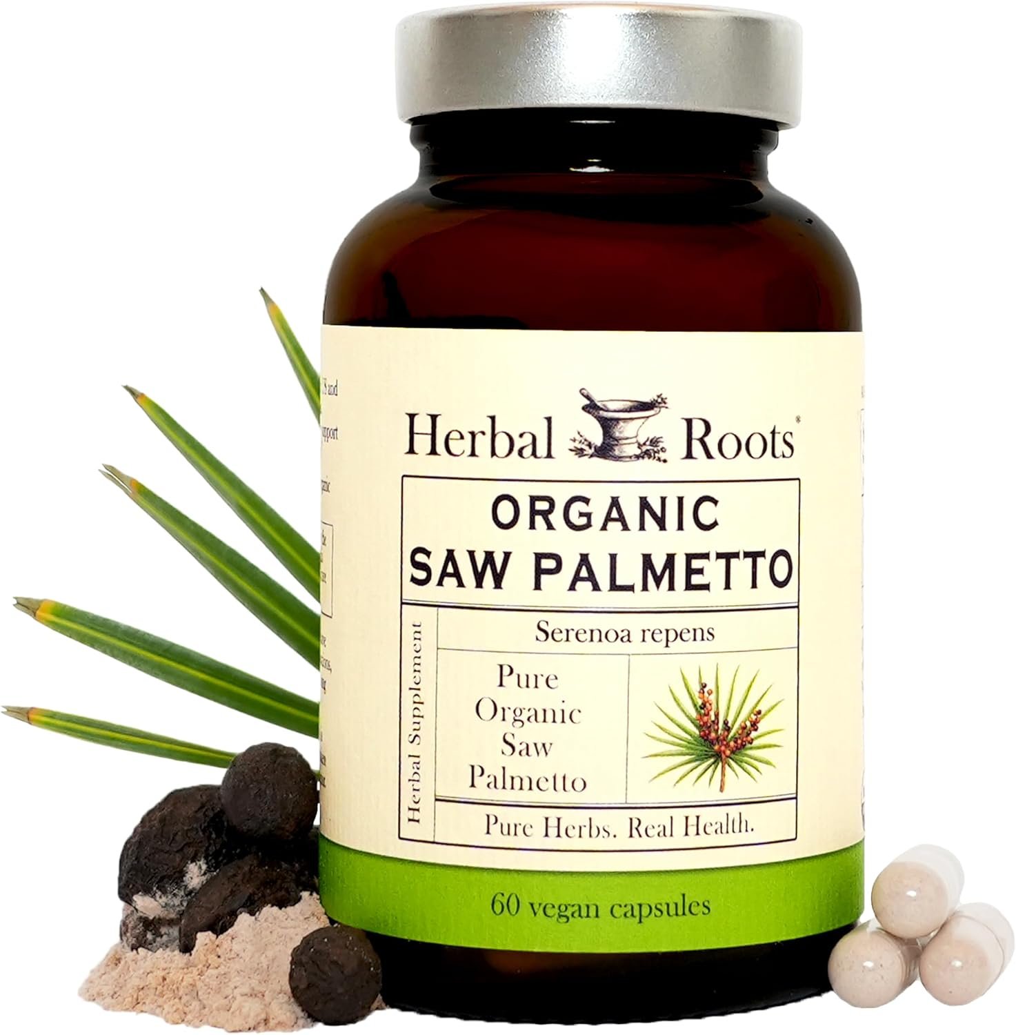Herbal Roots Organic Saw Palmetto Supplement – Men’s Prostate Health – USDA Certified Organic – 3rd Party Purity Tested – 60 Vegan Capsules