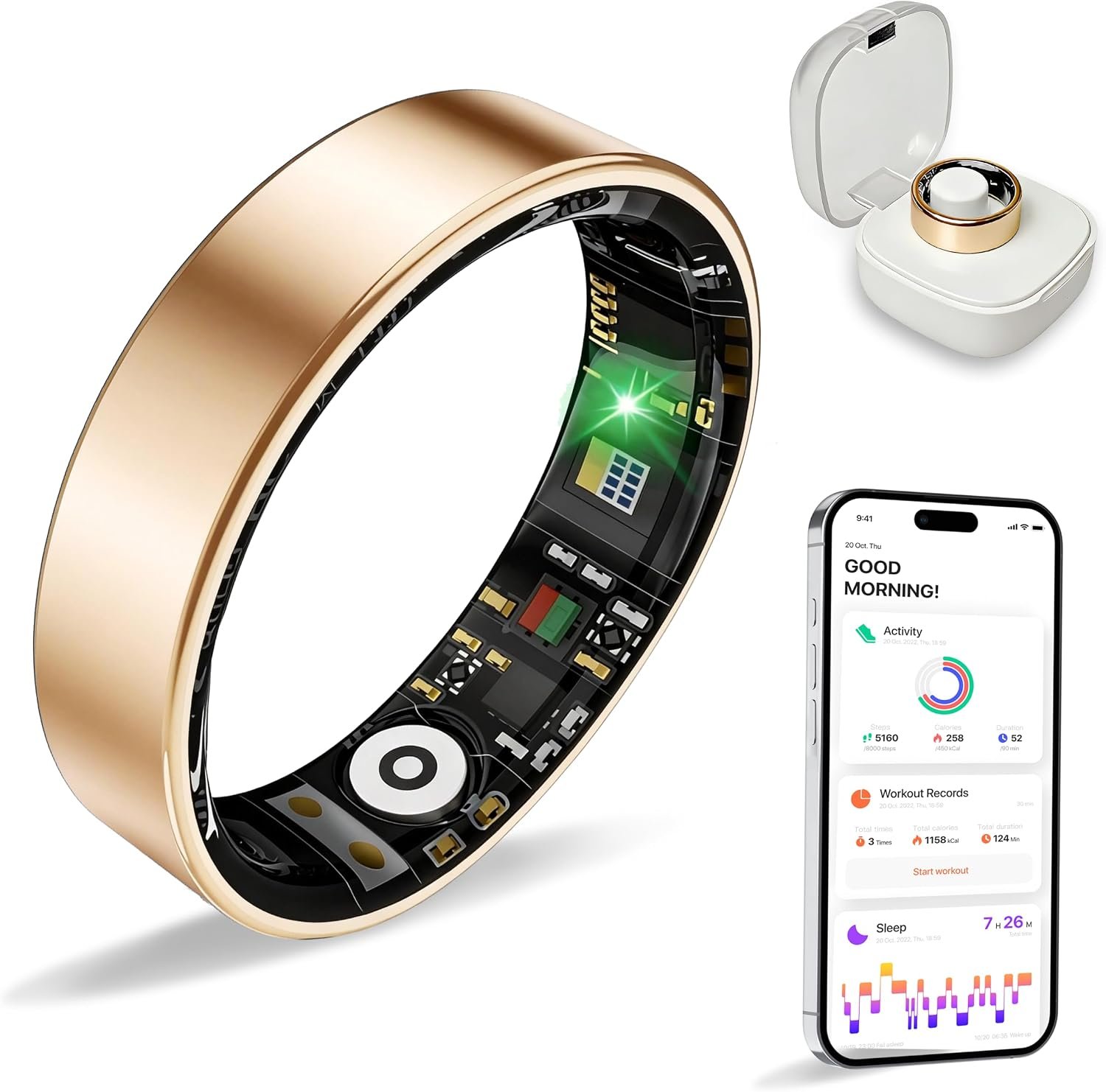Women Men Smart Ring Health Tracker, Sleep Exercise Health Monitoring Wearable Device, IP68 Waterproof, iOS/Android Compatible, No Subscription Required, 5‑Day Long Lasting Battery (Rose Gold, 9)