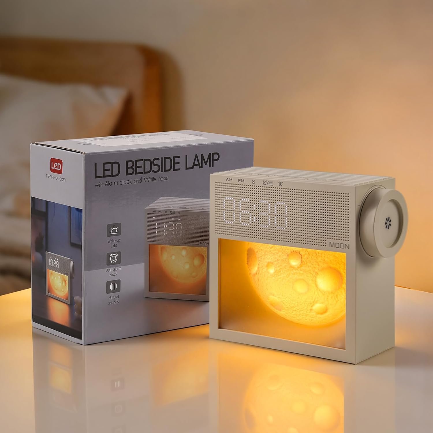 Moon Alarm Clock,Wake Up Light Sunrise Simulation Alarm Clock with 20 White Noise Sleep Sound Machine for Bedroom,Dual Alarms,Snooze,Timer,Effective Alarm Clocks with Moon Light for Deep Sleepers