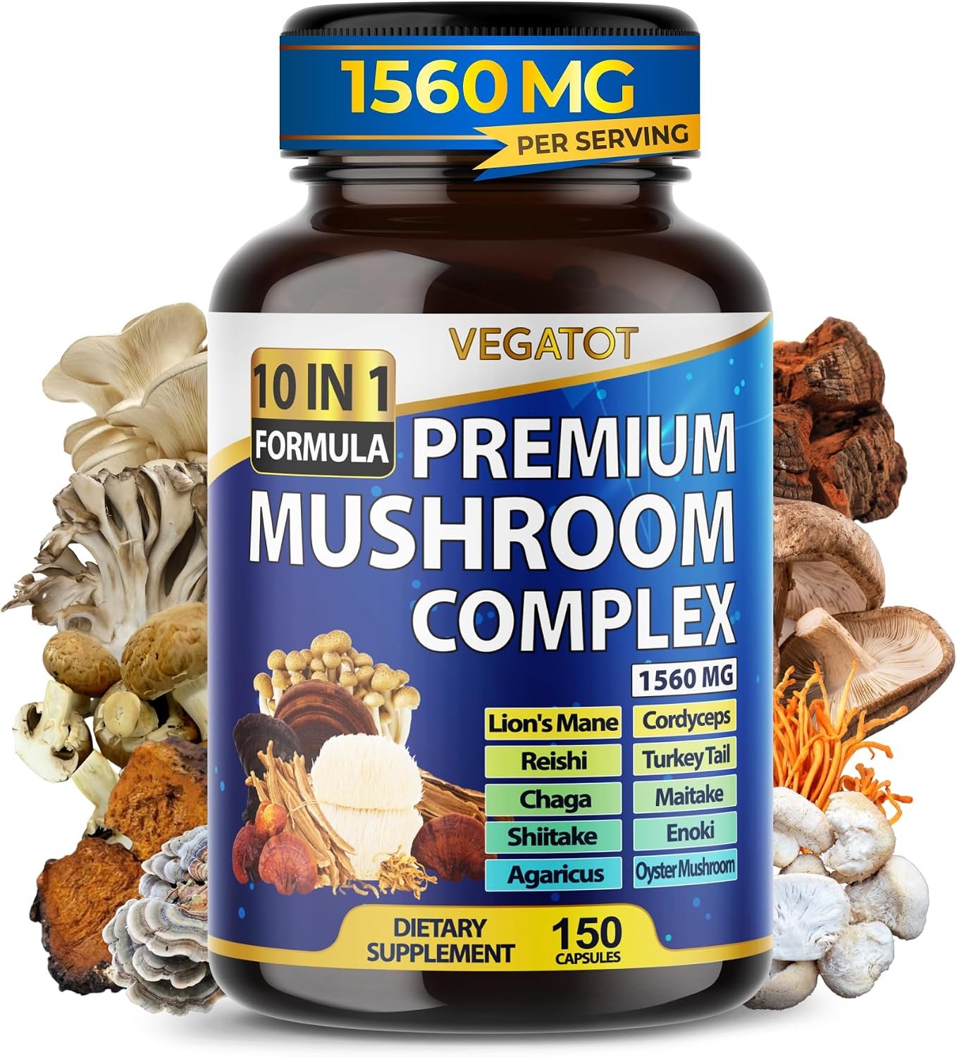 Mushroom Complex 1560mg Lion’s Mane & Cordyceps for Brain & Focus, 150 Ct