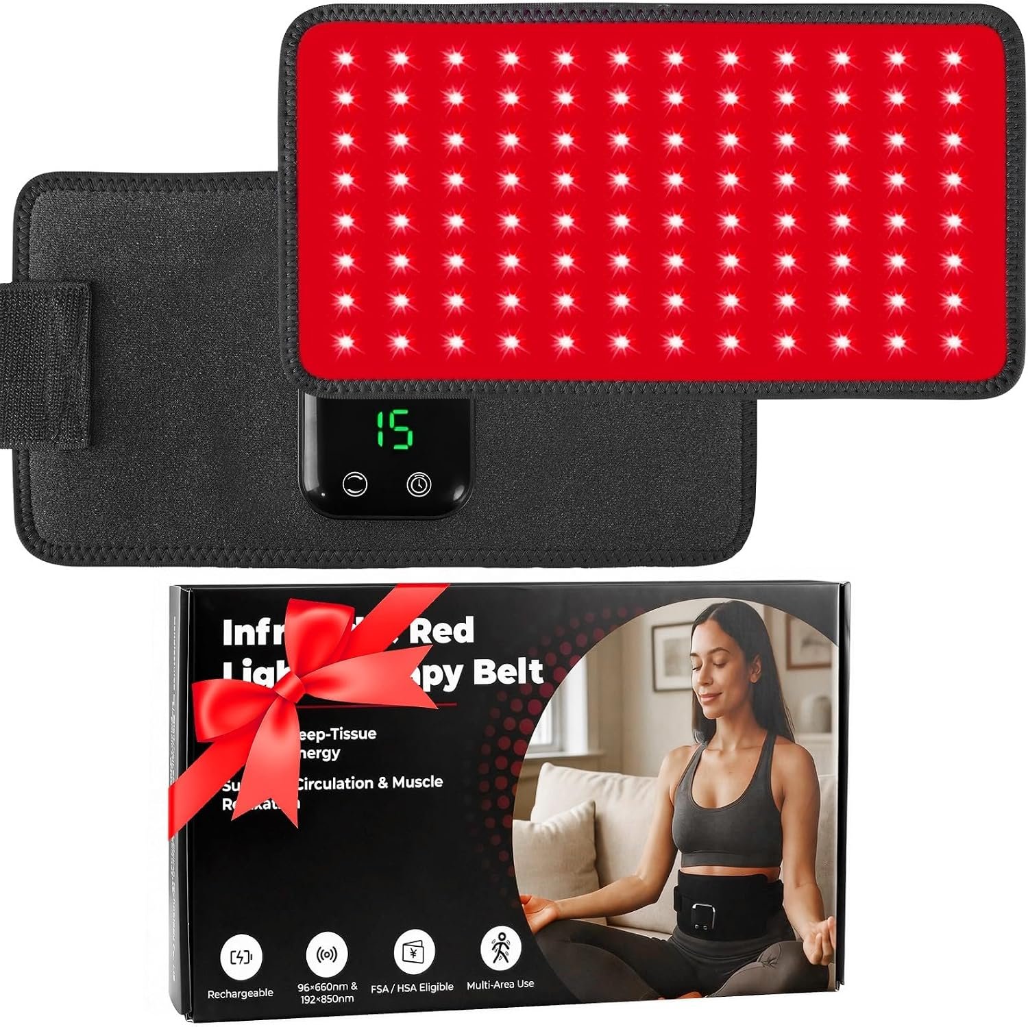 Red Light Therapy Belt for Back Waist: Cordless Rechargeable Infrared Red Light Therapy for Body Joint & Muscle Comfort 660nm & 850nm Portable Wrap for Home Office, Gifts for Dad/Mom Birthday
