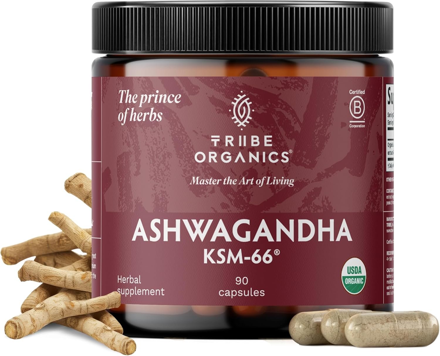 TRIBE ORGANICS Ashwagandha KSM 66 Organic Stress Support Supplement, 90ct