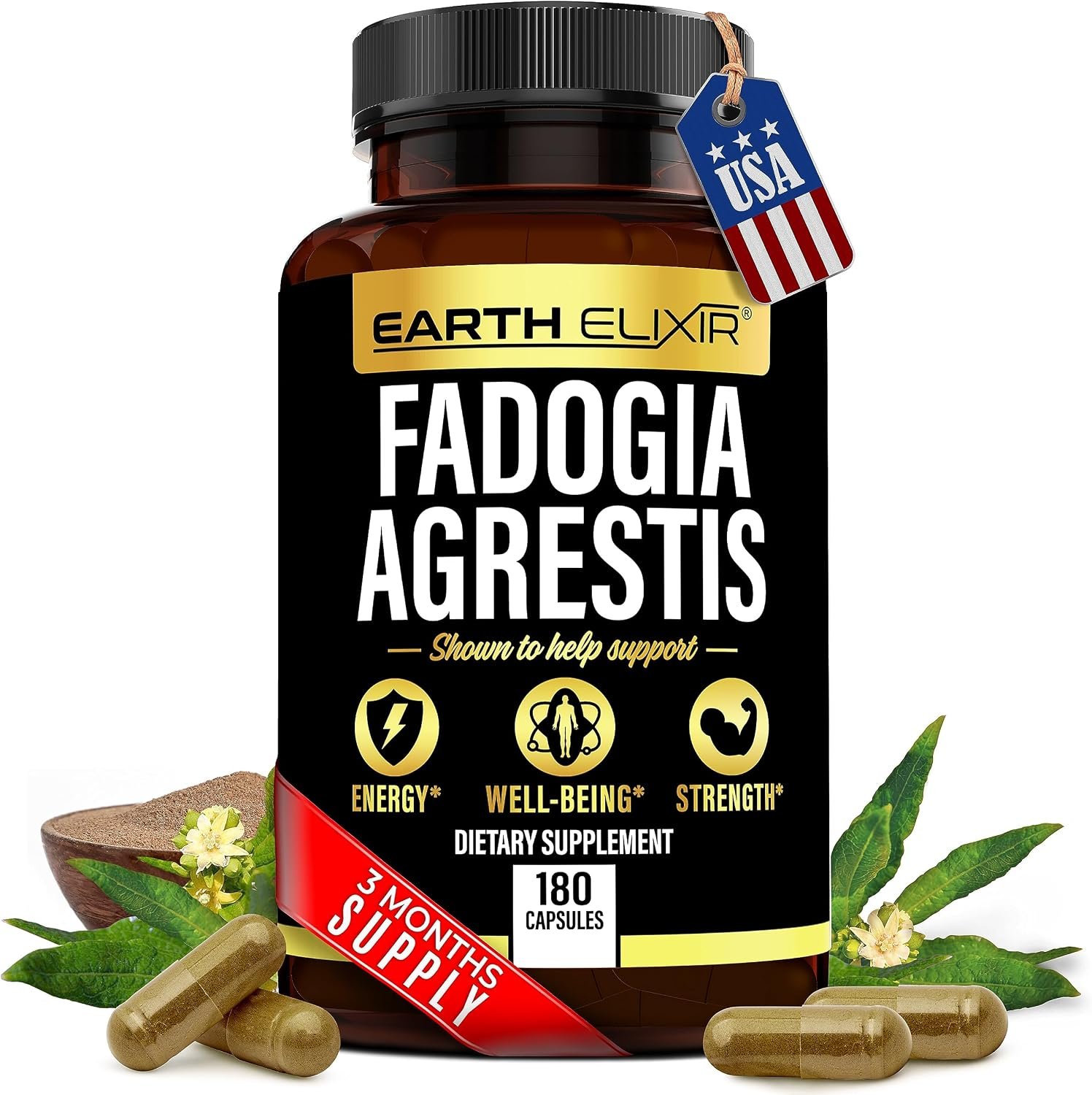 Earth Elixir Fadogia Agrestis Supplement 900mg (180 Capsules) – Made in USA – 3 Month Supply – 3rd Party Tested – Fadogia Agrestis Extract -Max Purity – 100% Pure – Fadogia Agrestis Capsules