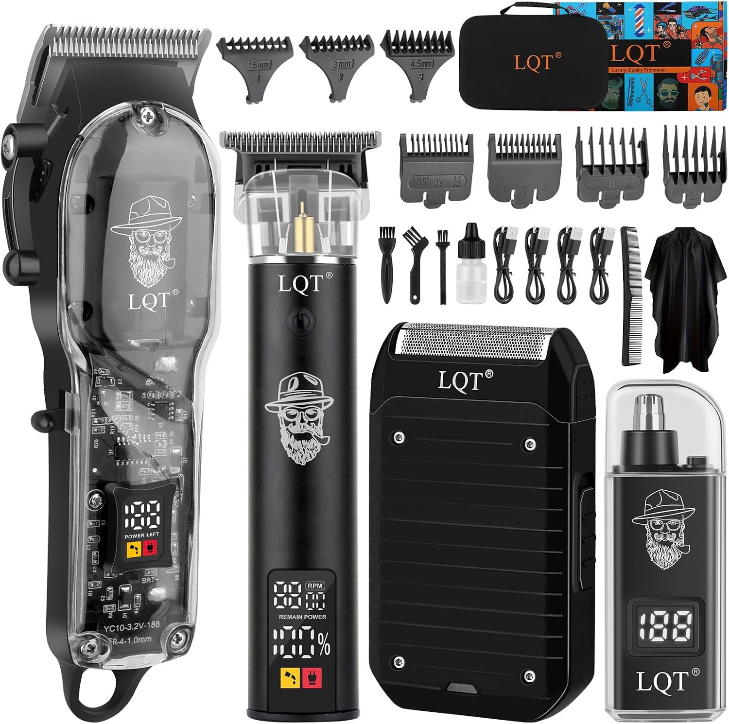 Professional 4-in-1 Barber Kit for Men, Cordless Hair Clippers & Beard Trimmer, Foil Shaver & Nose Trimmer Set with LED Display, Complete Grooming Kit for Home,Travel Case, Gifts for Men