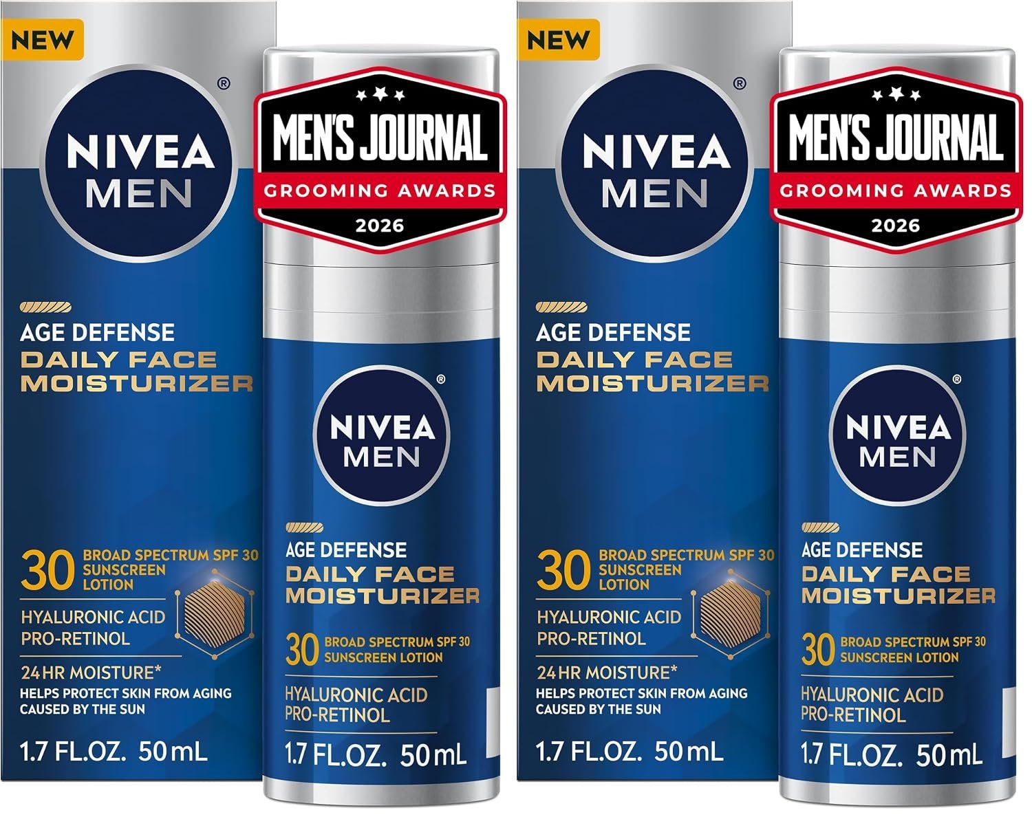 NIVEA MEN Age Defense Daily Face Moisturizer with Broad Spectrum SPF 30 Sunscreen, Pro-Retinol and Hyaluronic Acid, Beard-Friendly Face Lotion Helps Defend Against UVA/UVB Rays, 1.7 Fl Oz,(Pack of 2)