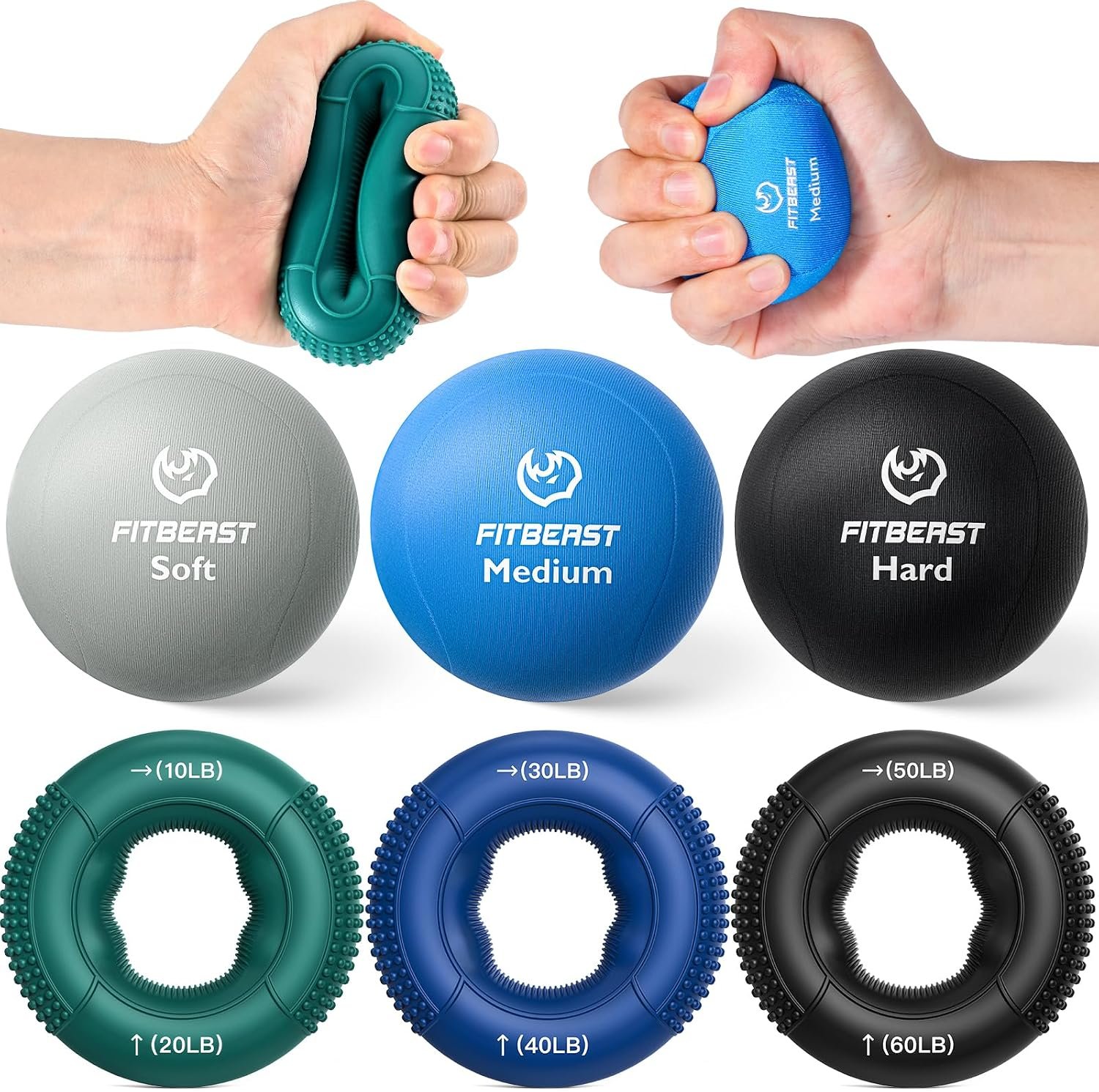 FitBeast Grip Strength Trainer, Finger Exerciser, Stress Balls for Adults 6-Piece Set, Hand Therapy for Strength, Recovery & Stress Relief, Forearm Strengthener for Men, Women & Seniors