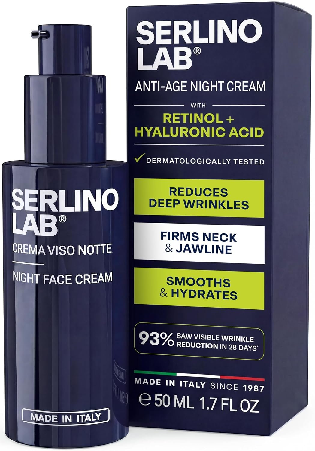 SerlinoLab Night Face Cream for Men – Anti-Aging Moisturizer with Retinol & Hyaluronic Acid, Hydrates Skin, Helps Reduce Wrinkles, Improves Firmness and Elasticity, 1.7 fl oz