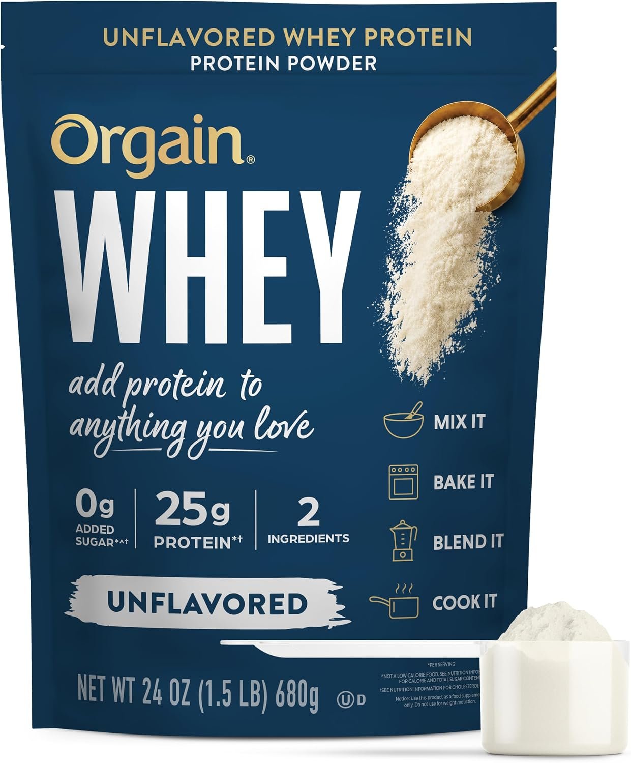 Orgain Unflavored 25g Whey Protein Powder, Non-GMO, 20 Servings, 24 Oz