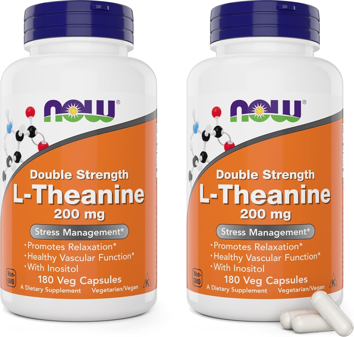 Now Foods L-Theanine, Double Strength 200 mg Per Cap – 180 Veg Capsules (Pack of 2) (360 Total caps) – Enhanced with 100mg Inositol – Vegetarian, Non-GMO – Ltheanine 200mg Supplement