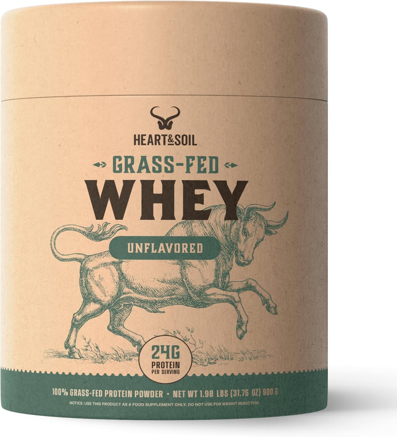 HEART & SOIL Grass Fed Whey Protein Powder, Unflavored, 2 lbs
