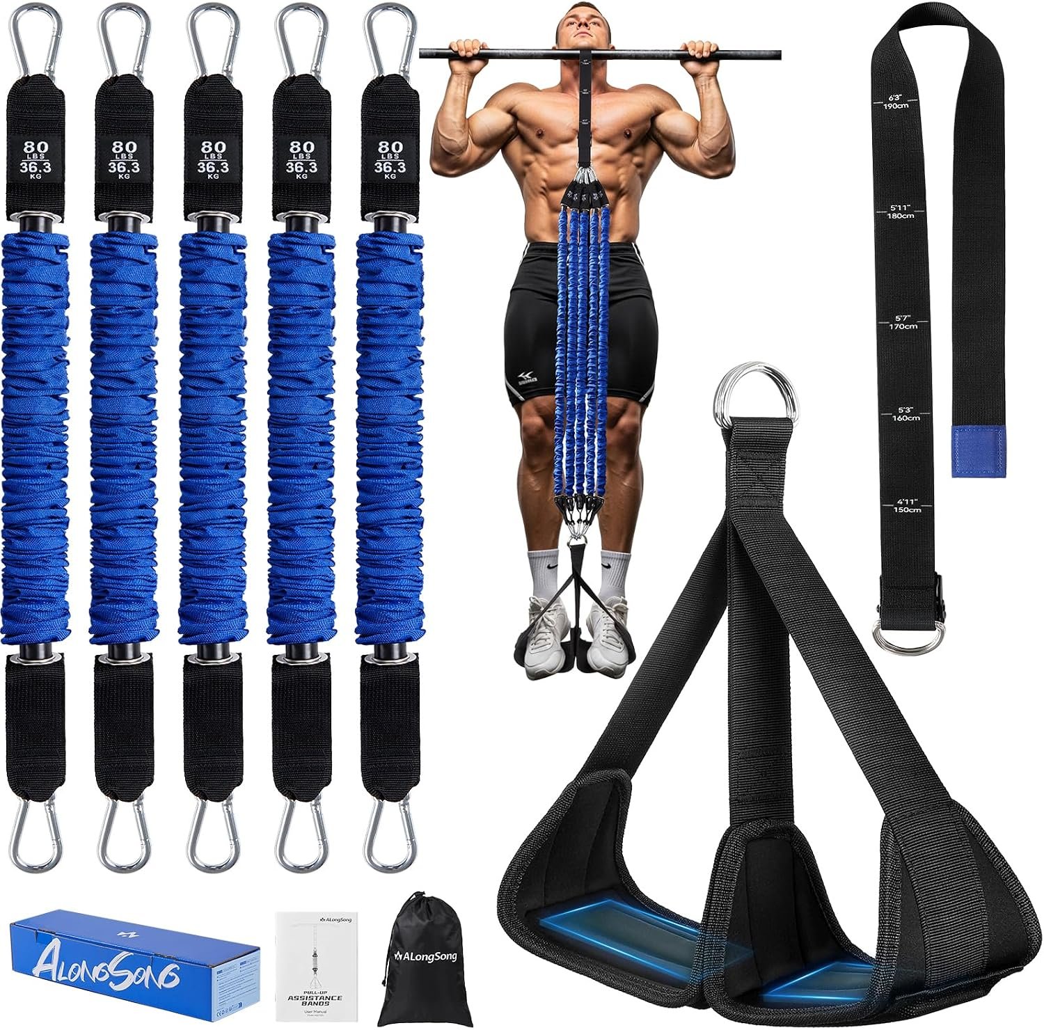 ALongSong Pull Up Assistance Bands with Foot Support Pedal – Upgraded Heavy Duty Resistance Bands Adjustable Weight/Height with Bands&Measured Strap for Strength Training Home Gym