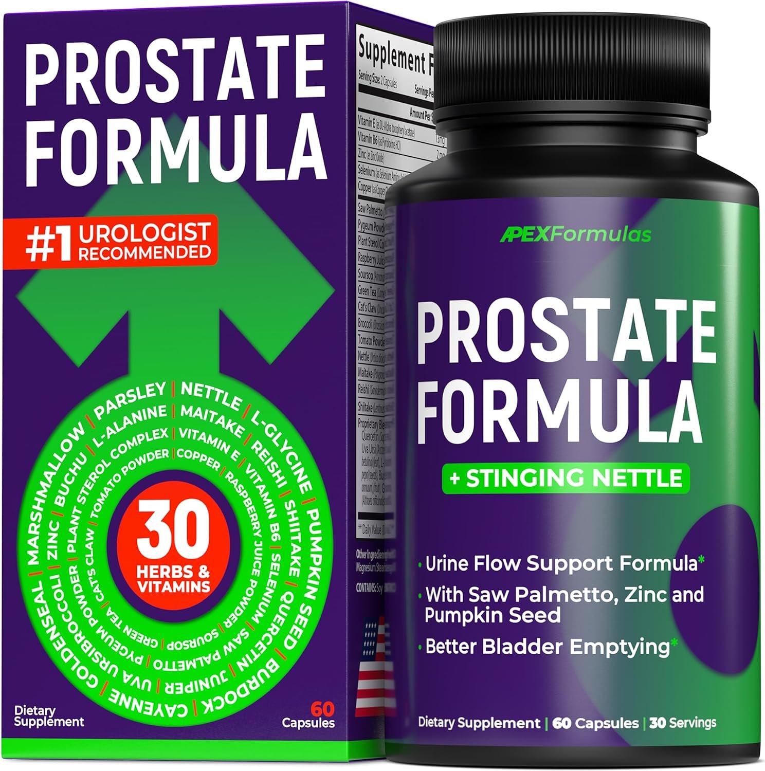 Prostate Health Supplements for Men with Stinging Nettle – Urinary Tract Health & DHT Blocker for Hair Growth – Pumpkin Seed, Saw Palmetto, Pygeum, Lycopene – Mens Multivitamins with Zinc – 60 caps