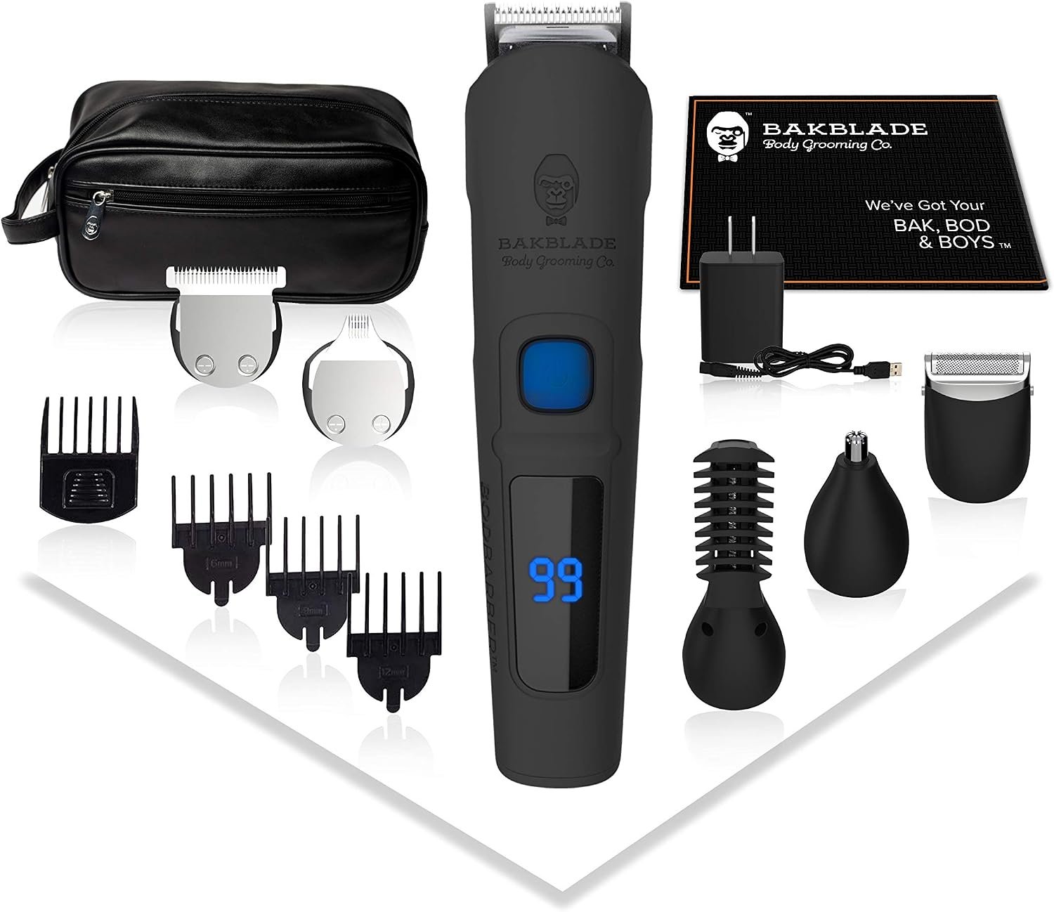 BAKBLADE 11-in-1 Mens Grooming Kit for Manscaping – Bodbarber – Electric Beard Trimmer for Men, Groin Groomer, Body Groomer, Nose & Ear Groomer – Cordless & Waterproof Hair Clippers