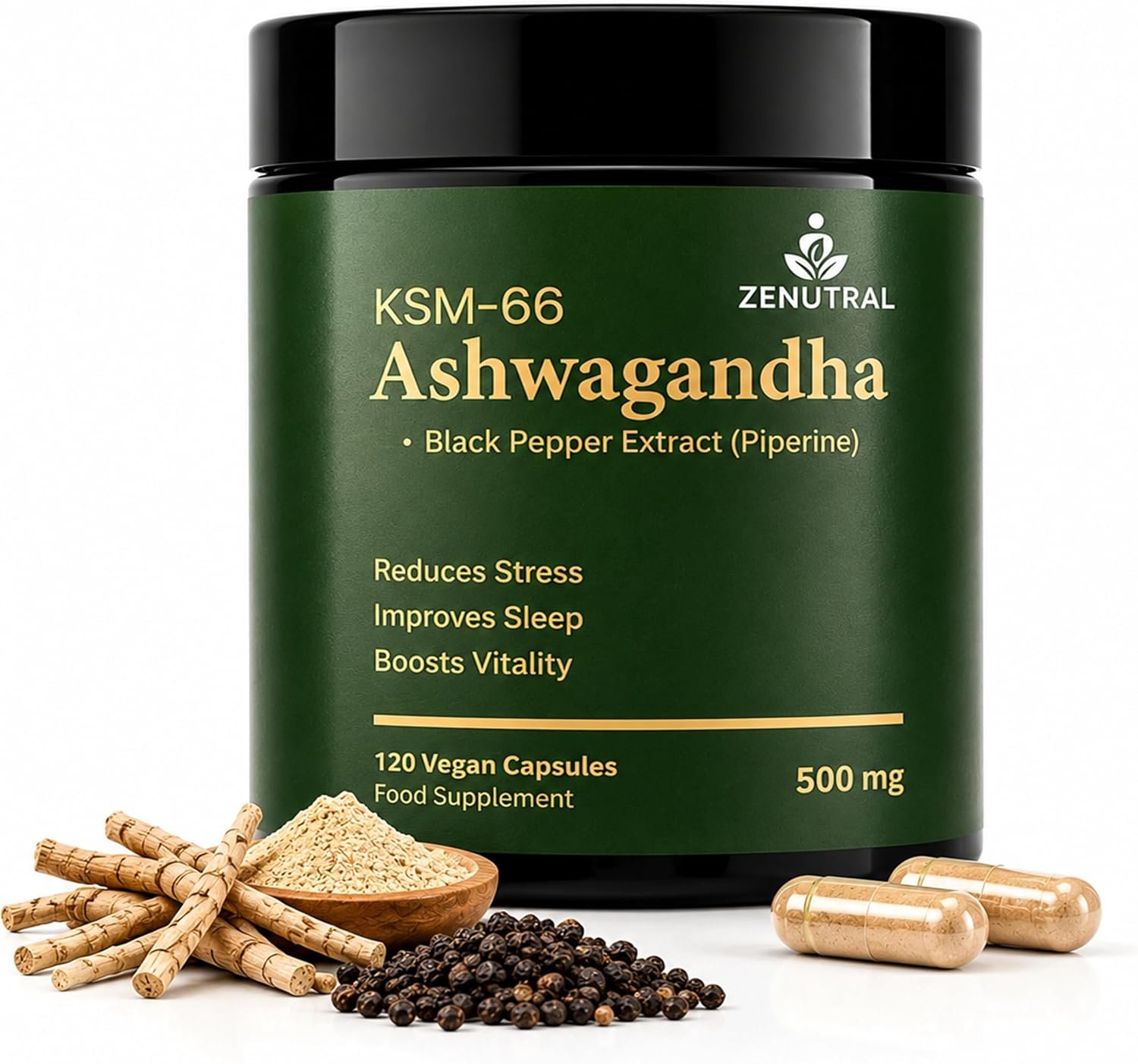 Ashwagandha KSM 66 with Black Pepper Extract – 120 Capsules