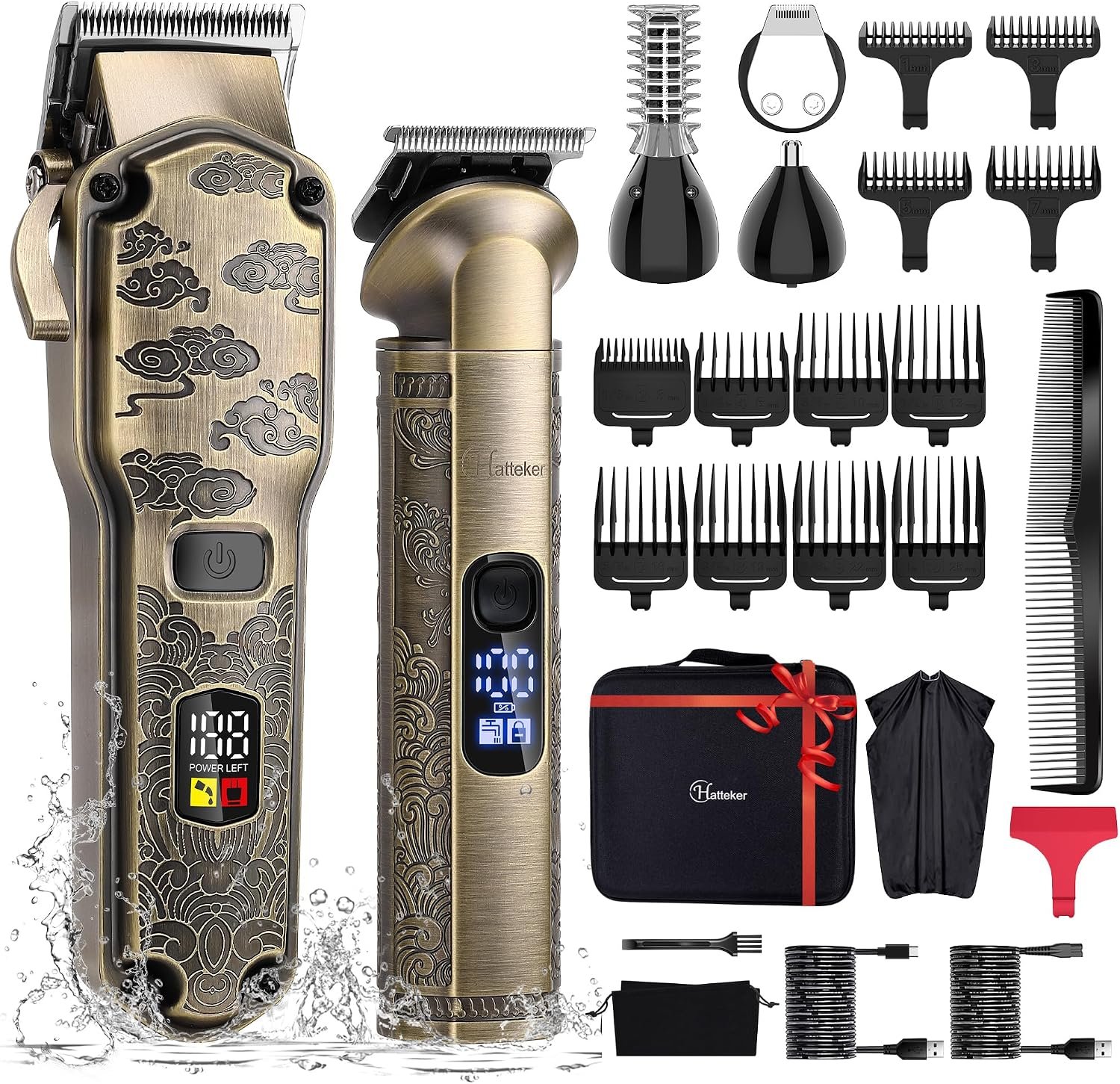 Hatteker Professional Hair Clippers for Men Beard Trimmer Clippers and Trimmer Set Waterproof T-Blade Trimmer Cordless Grooming Kit Nose Body Hair Trimmer Barber Clippers Hair Cutting Kit