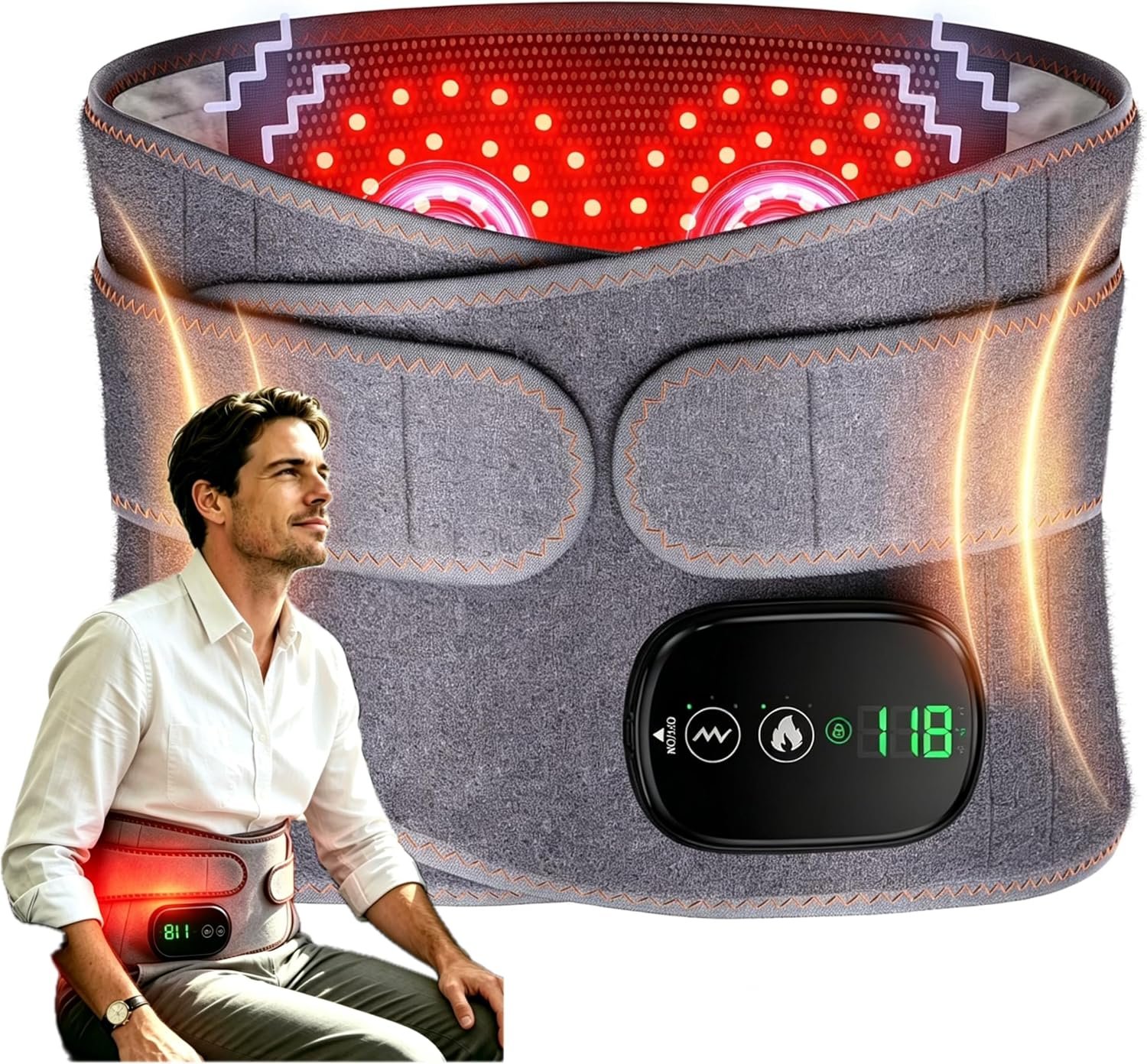 Cordless Heating Pad for Back Pain with Red Light Therapy, 3-in-1 Waist Belt & Vibration Massager, Rechargeable Wrap for Lower Back, Waist & Abdomen, 3 Heat & 3 Massage Modes, 180 Min Battery